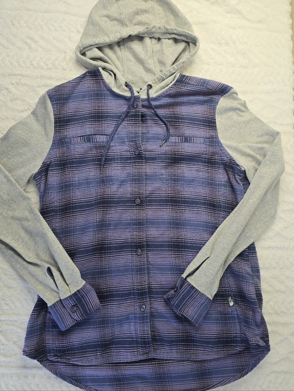 The North Face Hooded Shirt Purple Gray Plaid Mixed Media Button-up Outdoor S